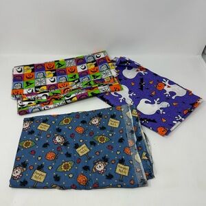 Halloween Fall Fabric Lot Of 3 Purple Blue Orange Pumpkin Ghost Scarecrow Sewing